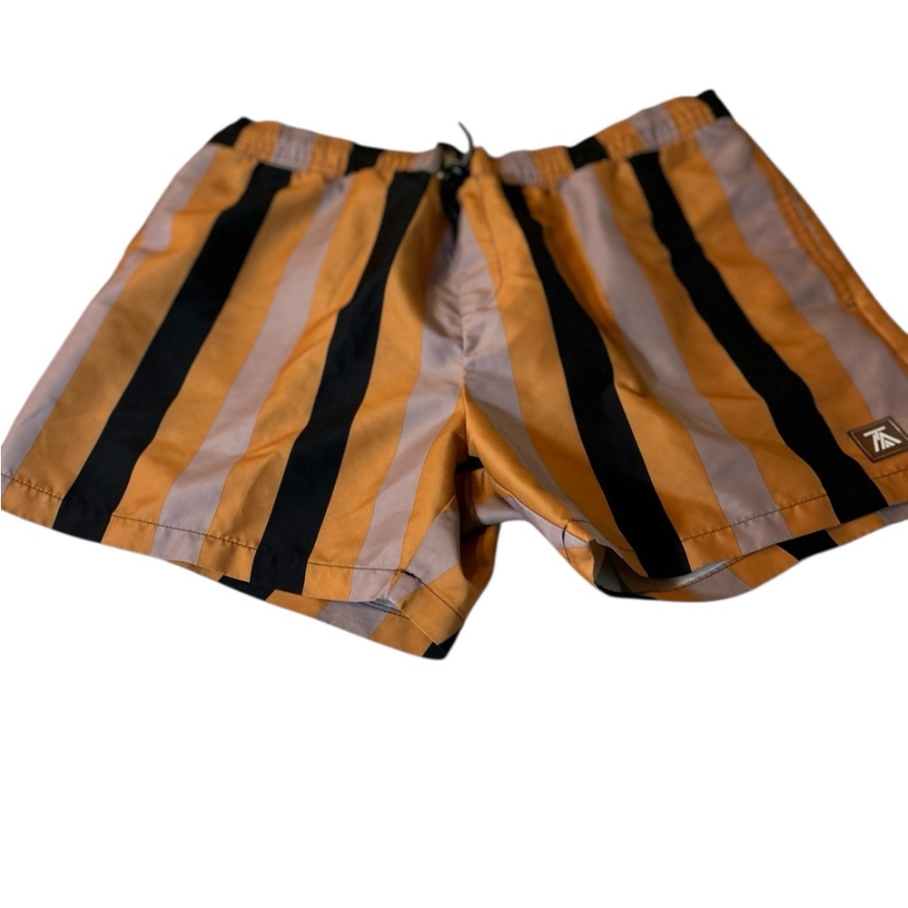 Topman Orange and Black Striped Swim Trunks